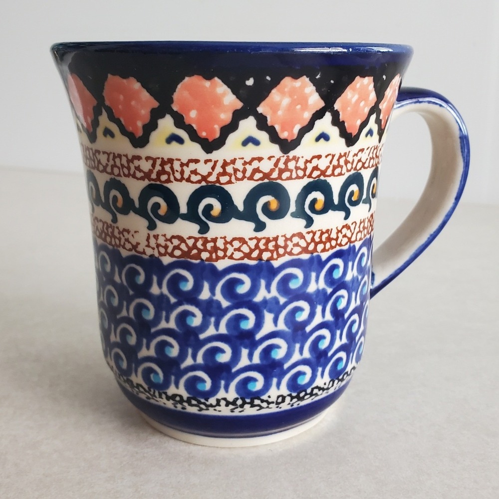Polish Pottery Mug Blue Unikat Hand Painted Stoneware Boleslawiec Poland 12oz